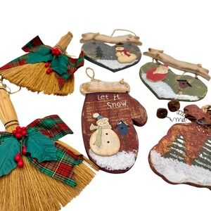 Unbranded Rustic Wood Snowman Santa Christmas Ornament Set 6pc Vintage Style
